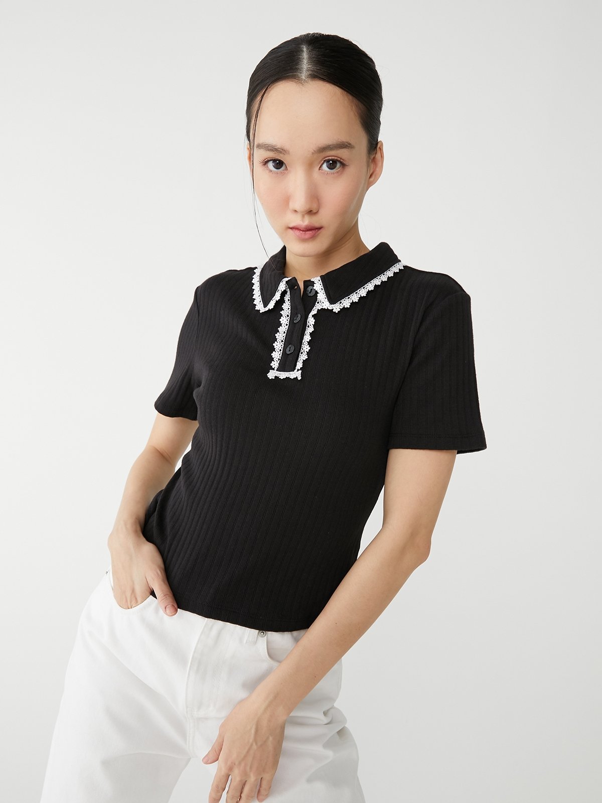 Lace Polo Collared Tee - Black