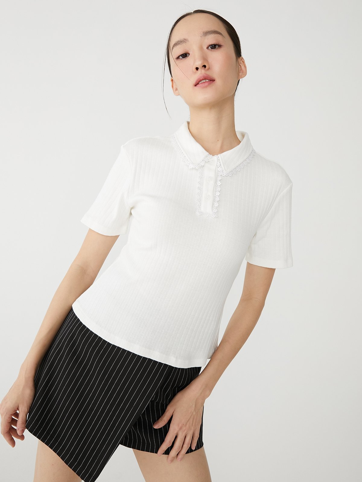 Lace Polo Collared Tee White Pomelo Fashion
