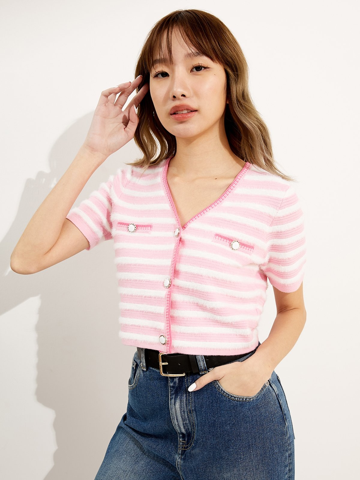 Pippa Short Sleeve Cardi - Pink Stripe