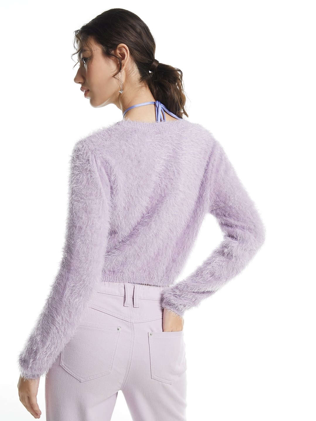 Purple - Cardigan Buttoned Fashion Furry Pomelo -