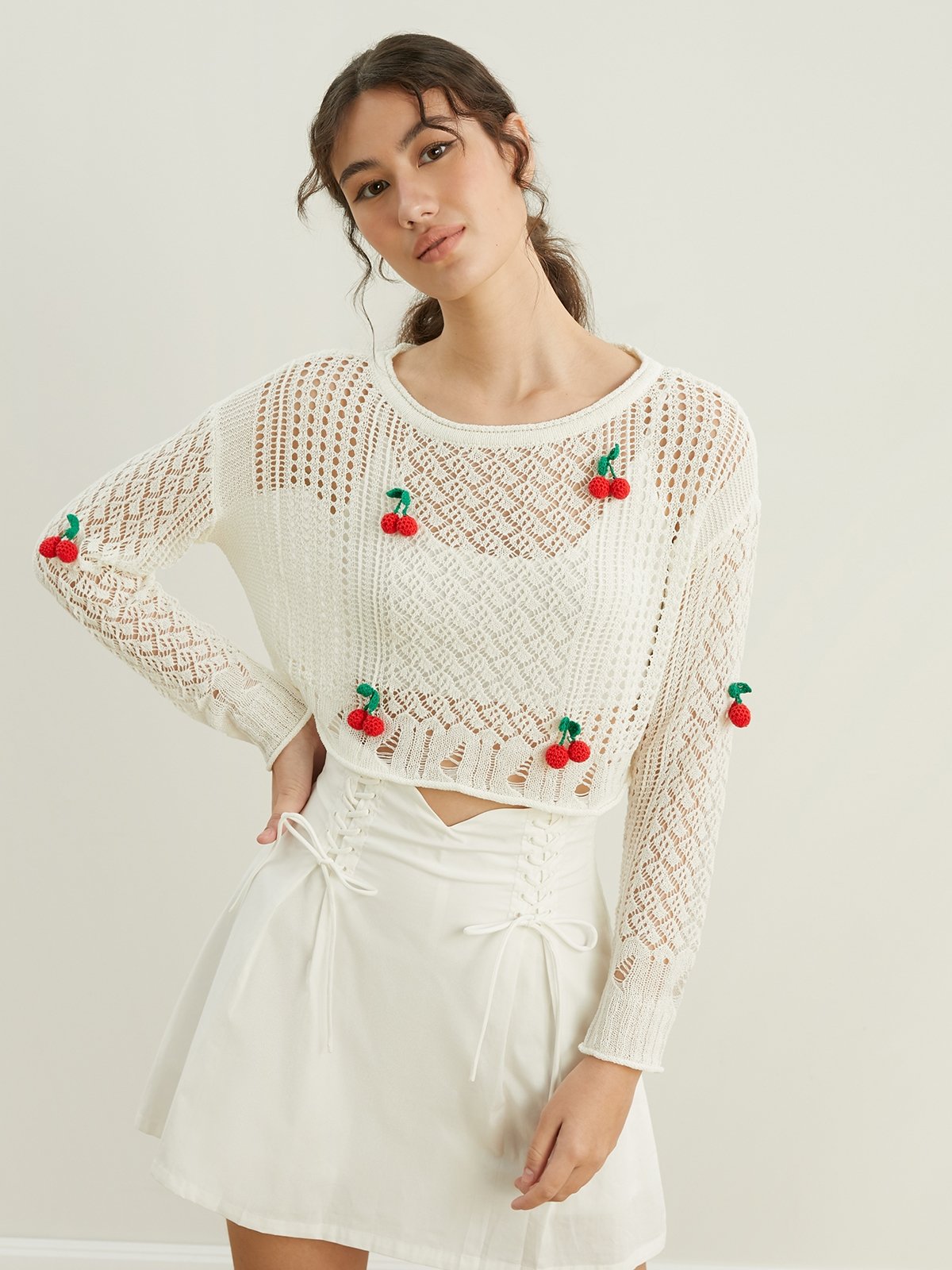 Cherry Embroidered Pointelle Knitted Top White Pomelo Fashion