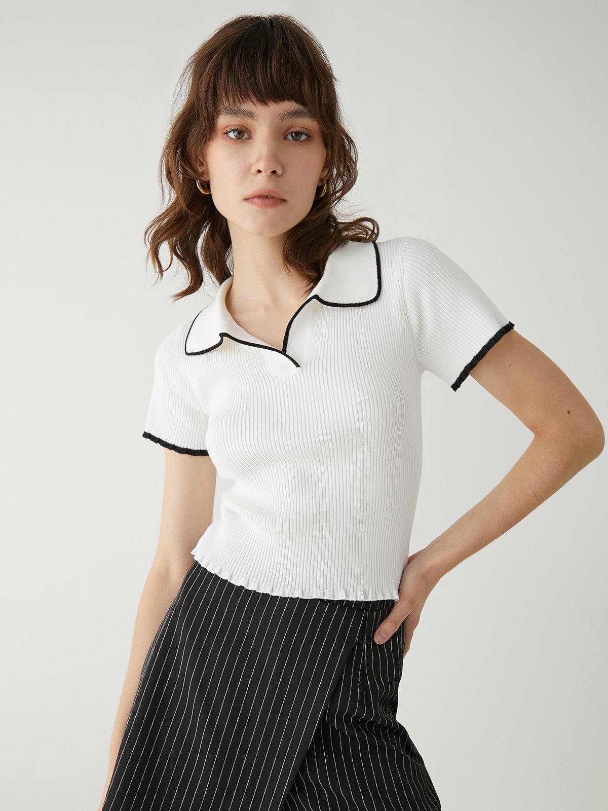 RibKnit Polo Top White Pomelo Fashion
