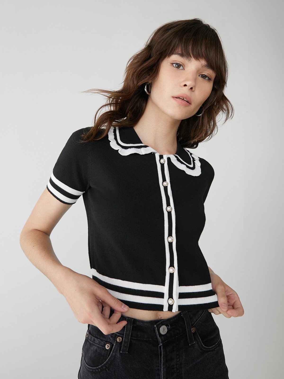 Contrast Trim Short Sleeve Cardigan Black Pomelo Fashion