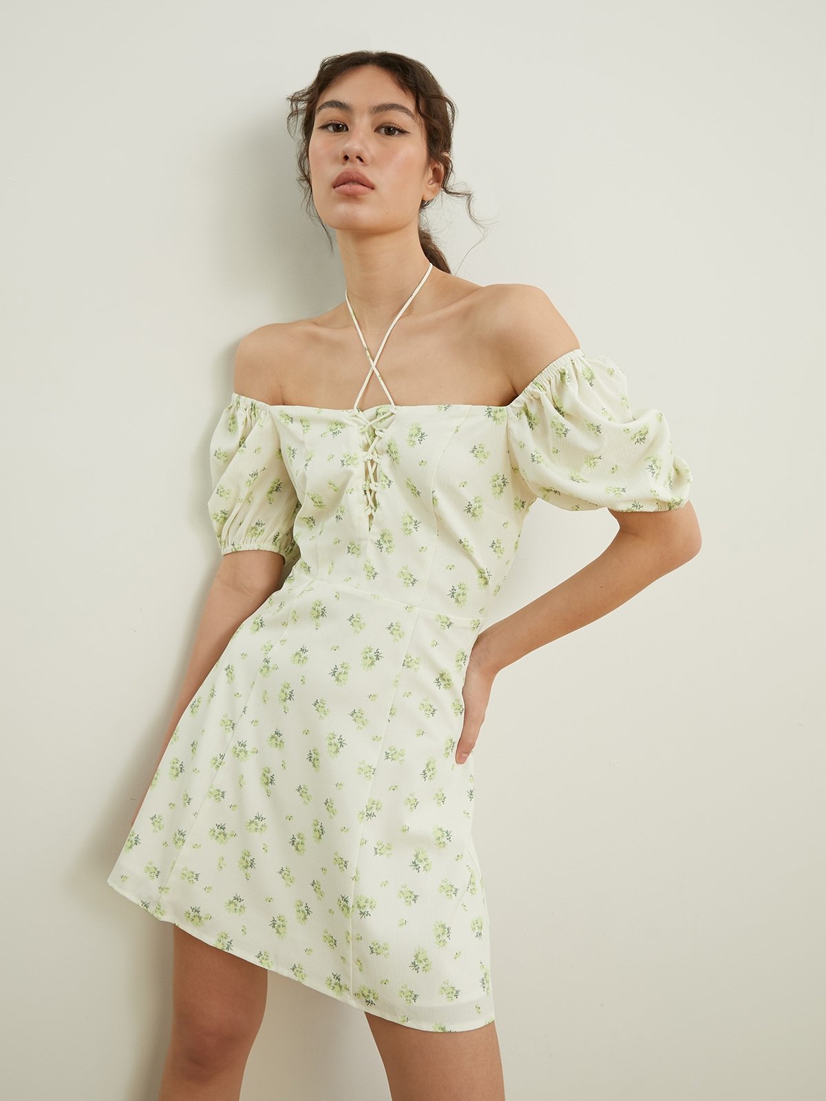 Floral Front Tie Mini Dress Green Pomelo Fashion
