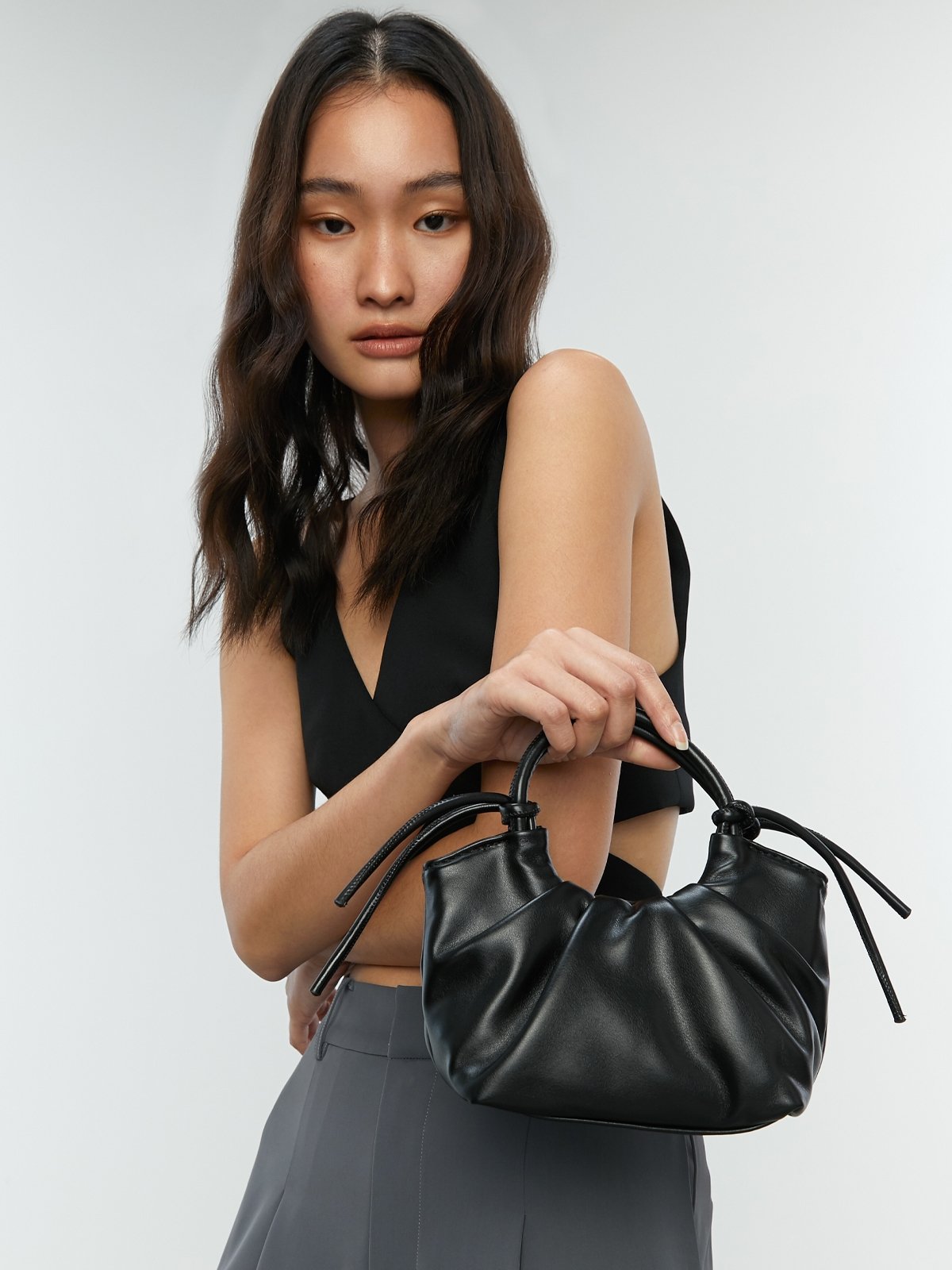Ruched Crossbody Bag - Black - Pomelo Fashion