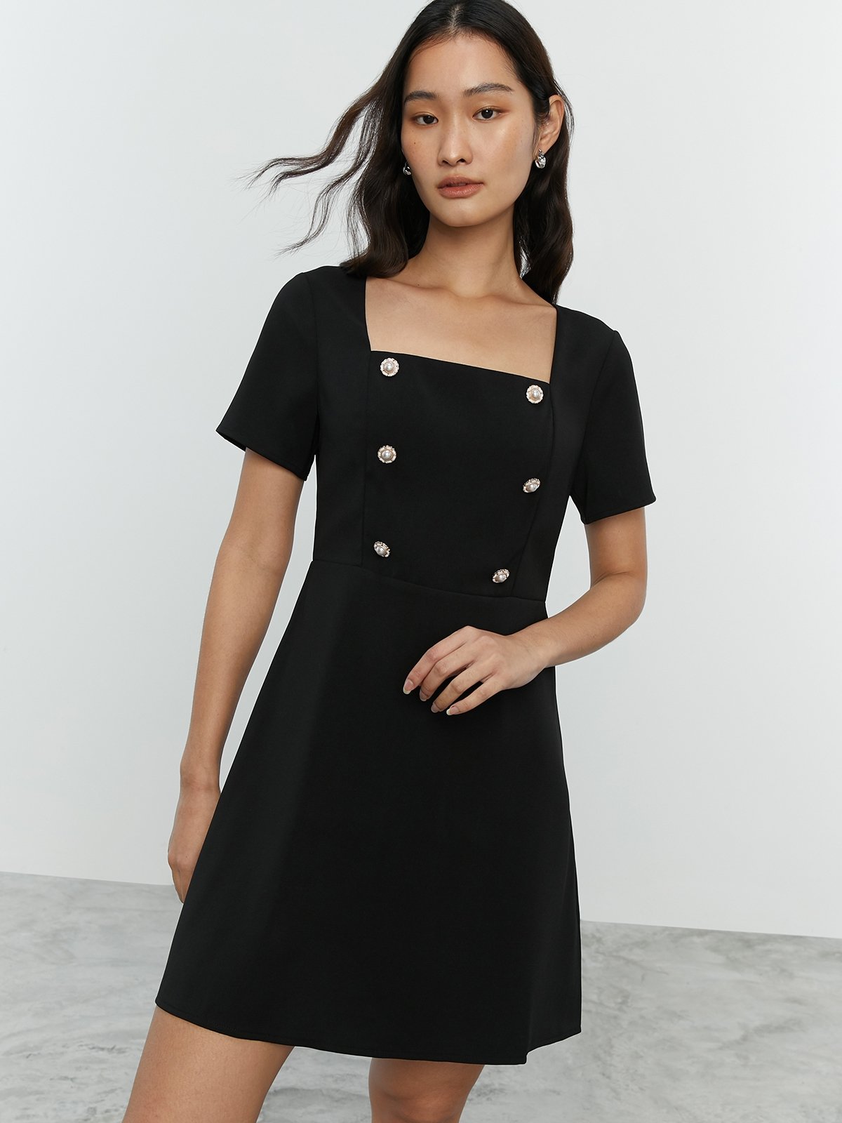Button Square Neckline Mini Dress Black Pomelo Fashion