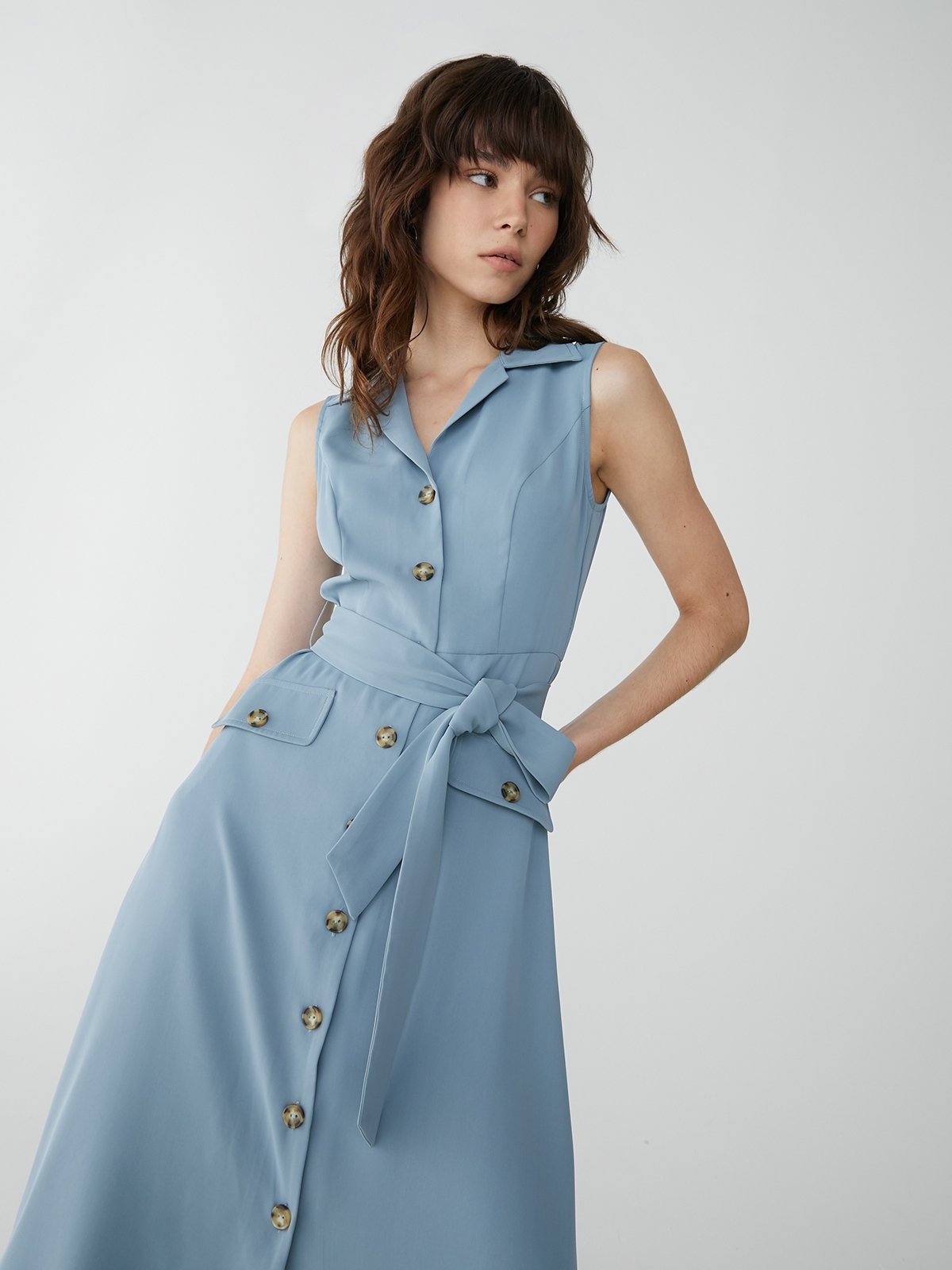 Front Tie Sleeveless Dress Blue Pomelo Fashion