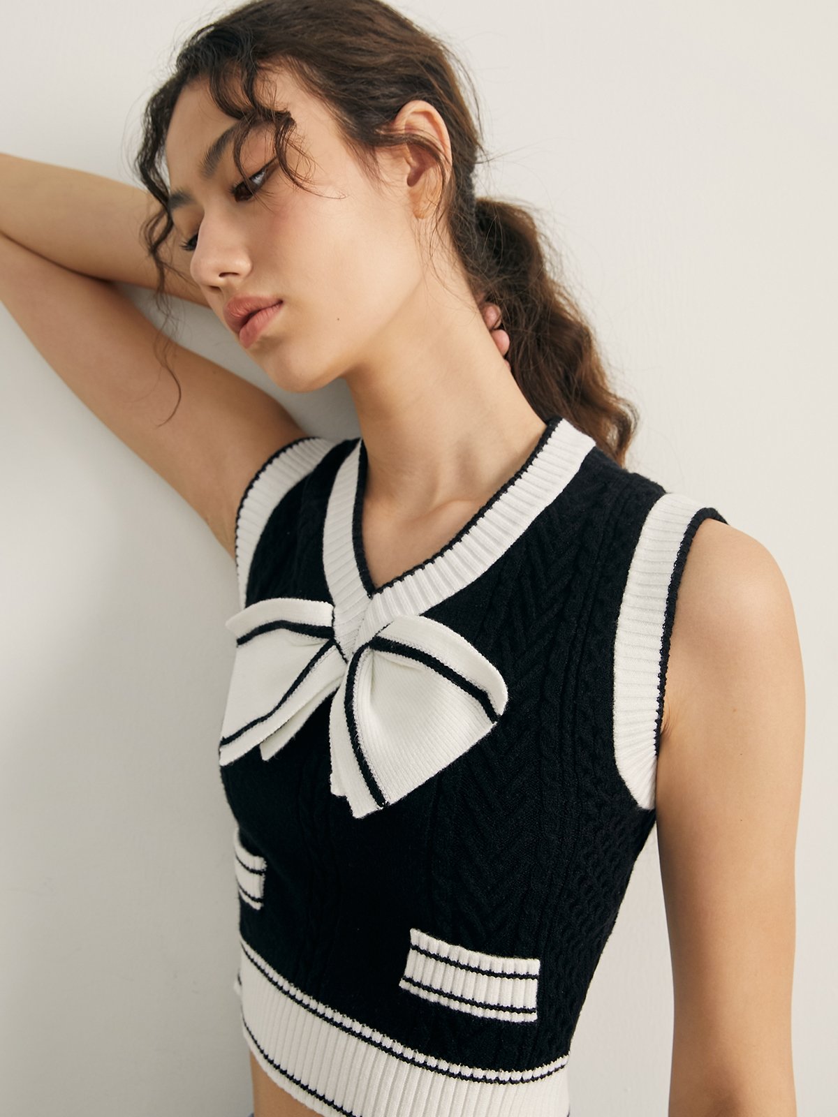 Bow Detailed Knitted Tank - Black - Pomelo Fashion