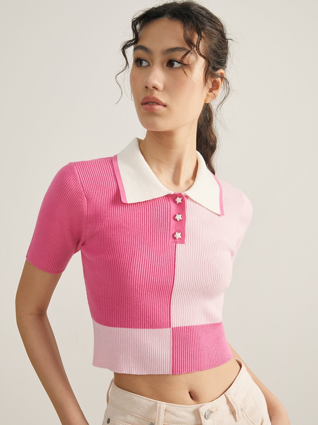 Short Sleeve Knitted Top - Pink - Pomelo Fashion