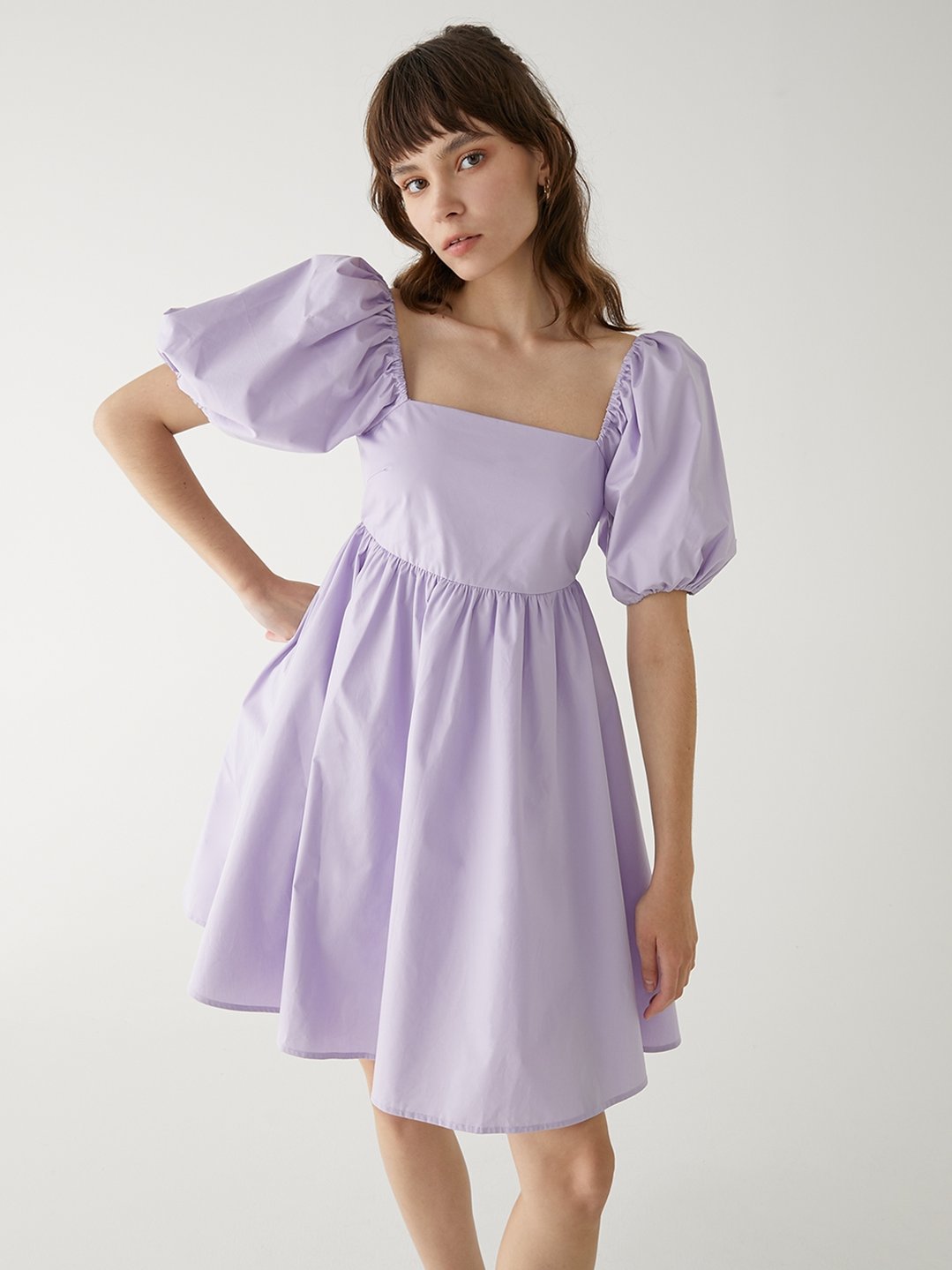 puffed sleeve strap dress - lavender