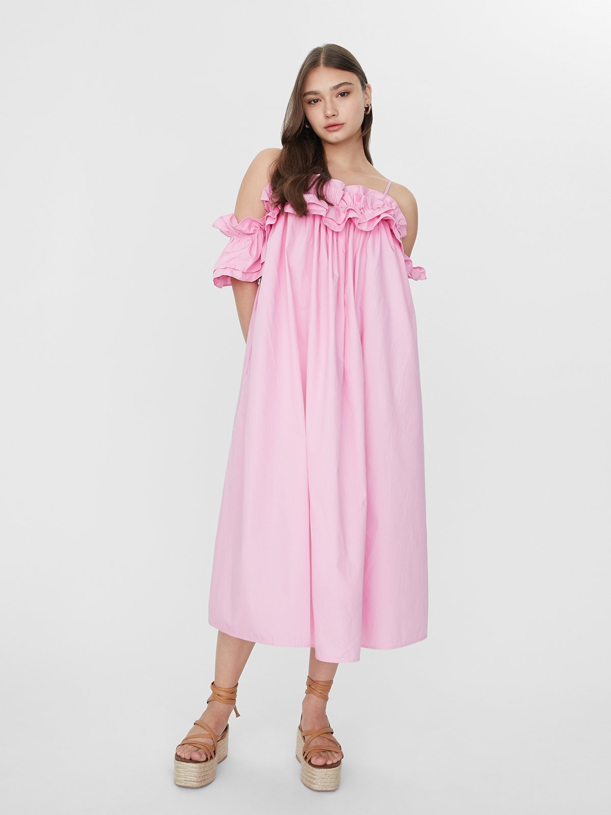Ruffled Cold Shoulder Dress Cold Pink Pomelo Fashion