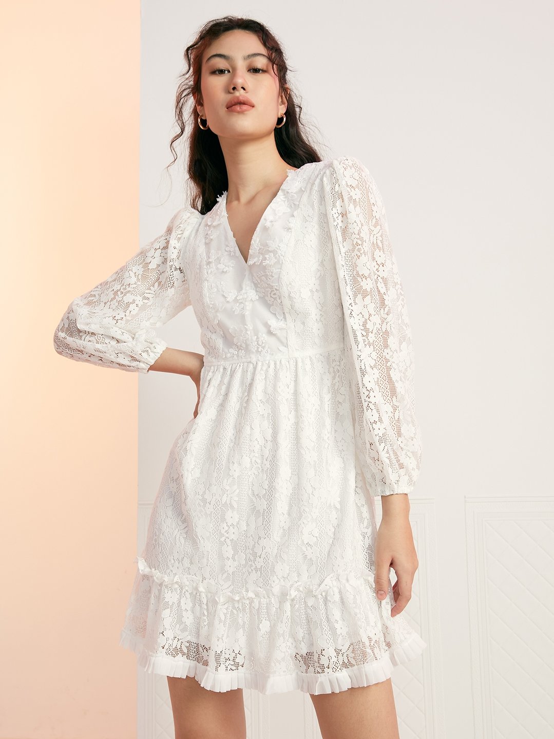 Mini Layered Lace Dress - White - Pomelo Fashion