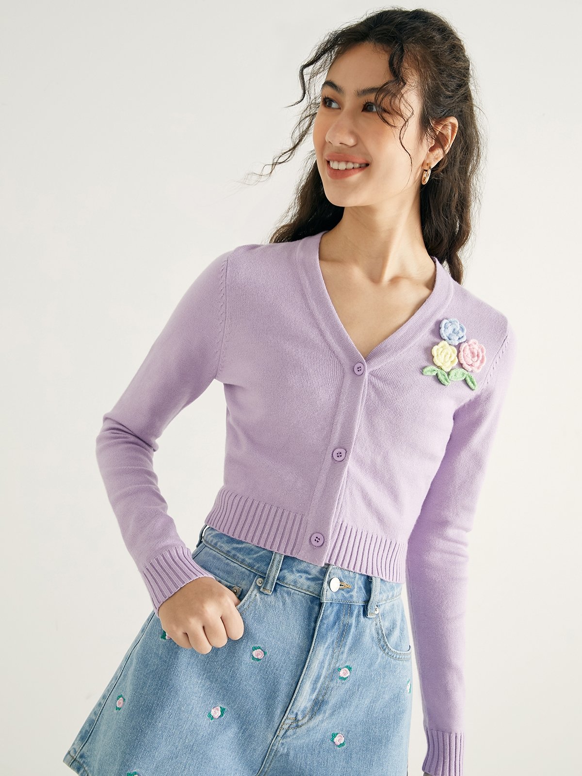 Flower Embroidered Cardigan Purple