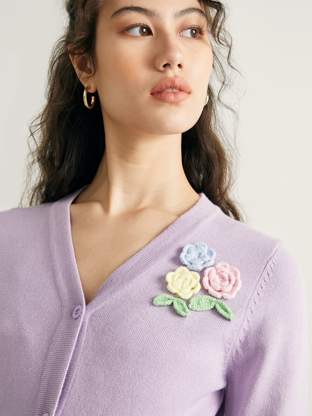 Flower Embroidered Cardigan Purple