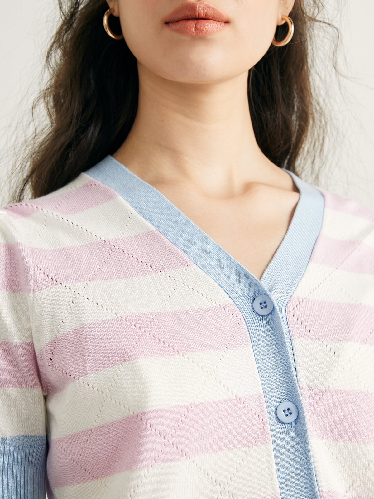Striped V Neck Knitted Top Pink Pomelo Fashion