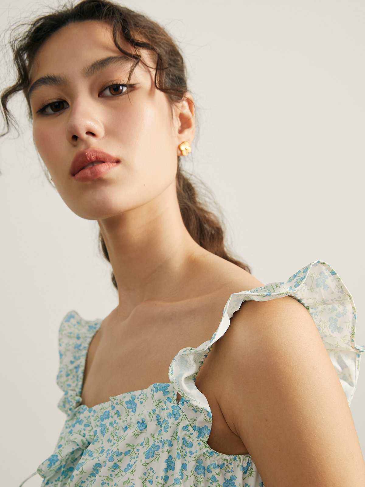 Floral Ruffle Trim Tank Top Blue Pomelo Fashion