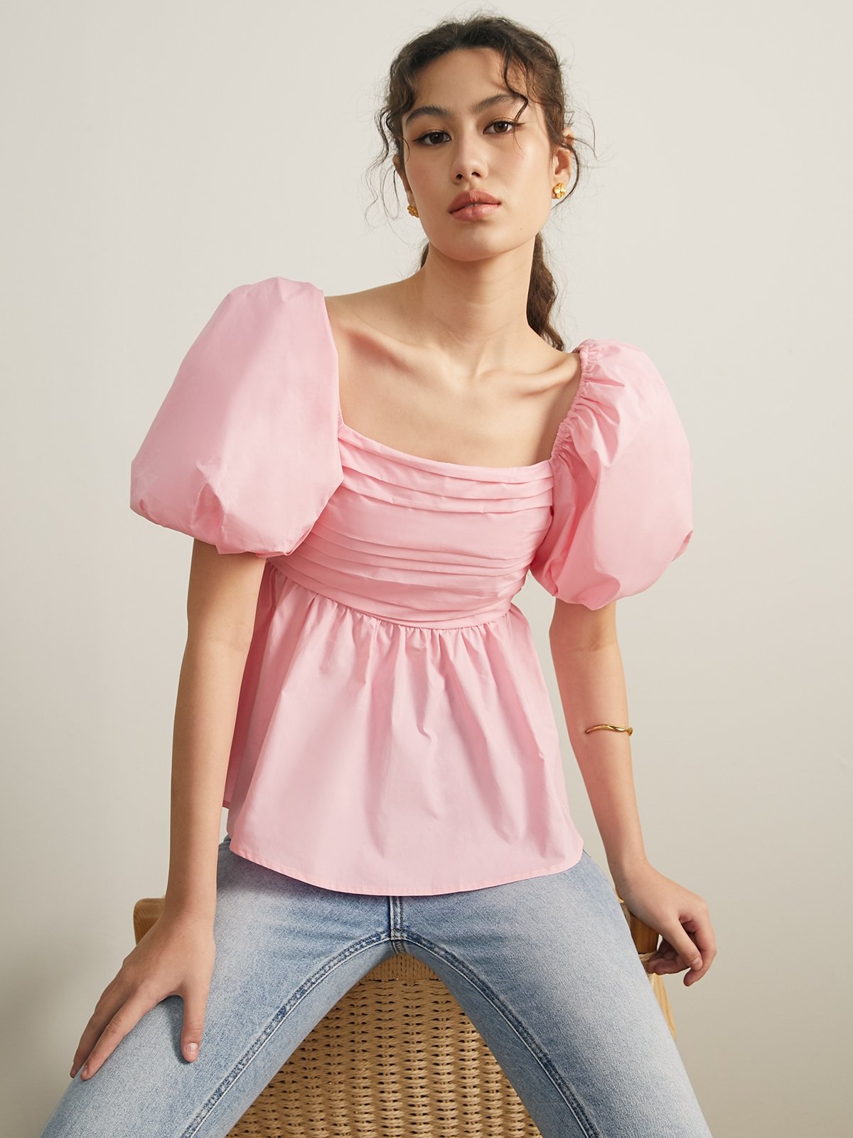 Puffed Sleeve Ruffle Top Pink Pomelo Fashion