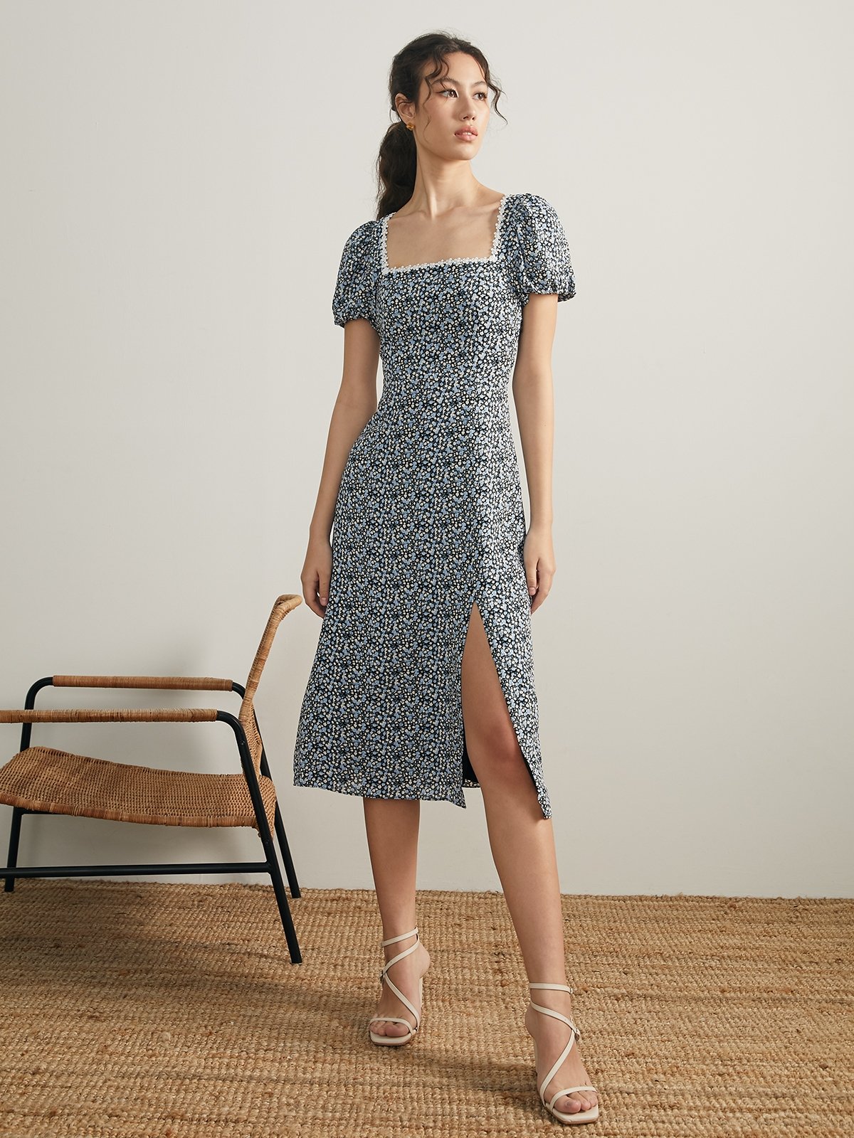 Floral Puffed Sleeve Midi Dress - Black - Pomelo Fashion