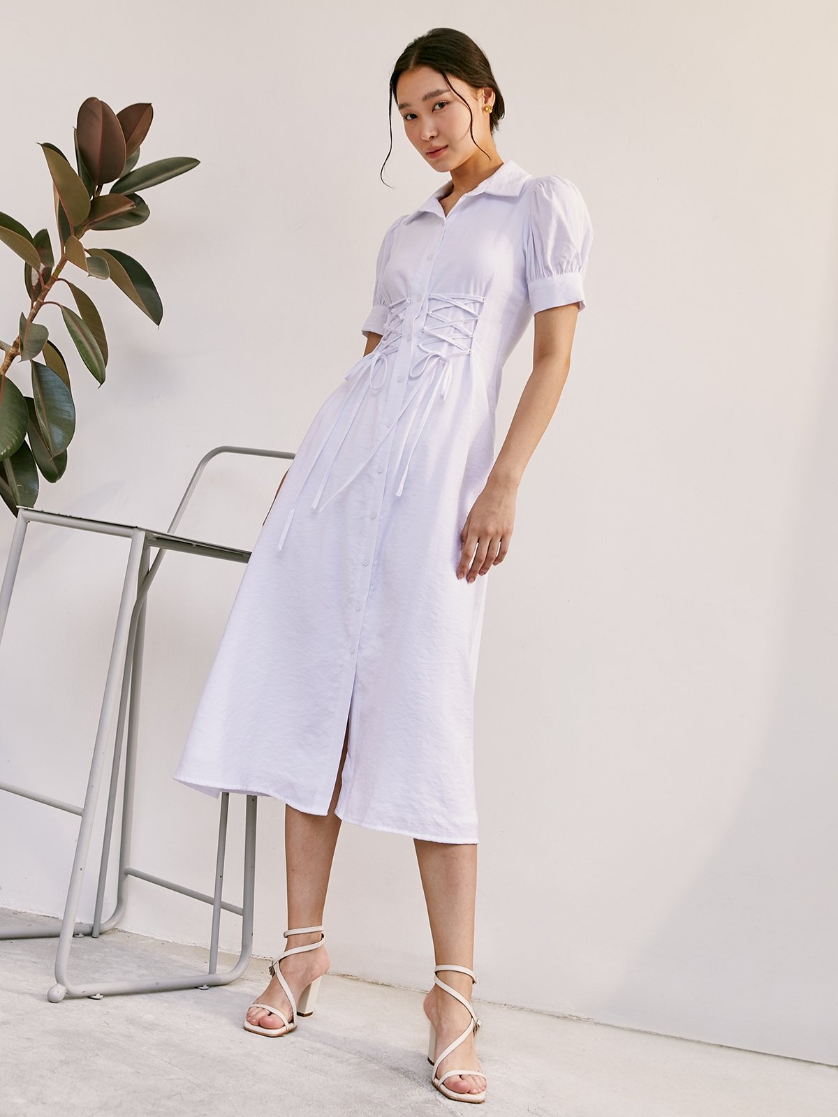 White linen midi dress with clearance buttons