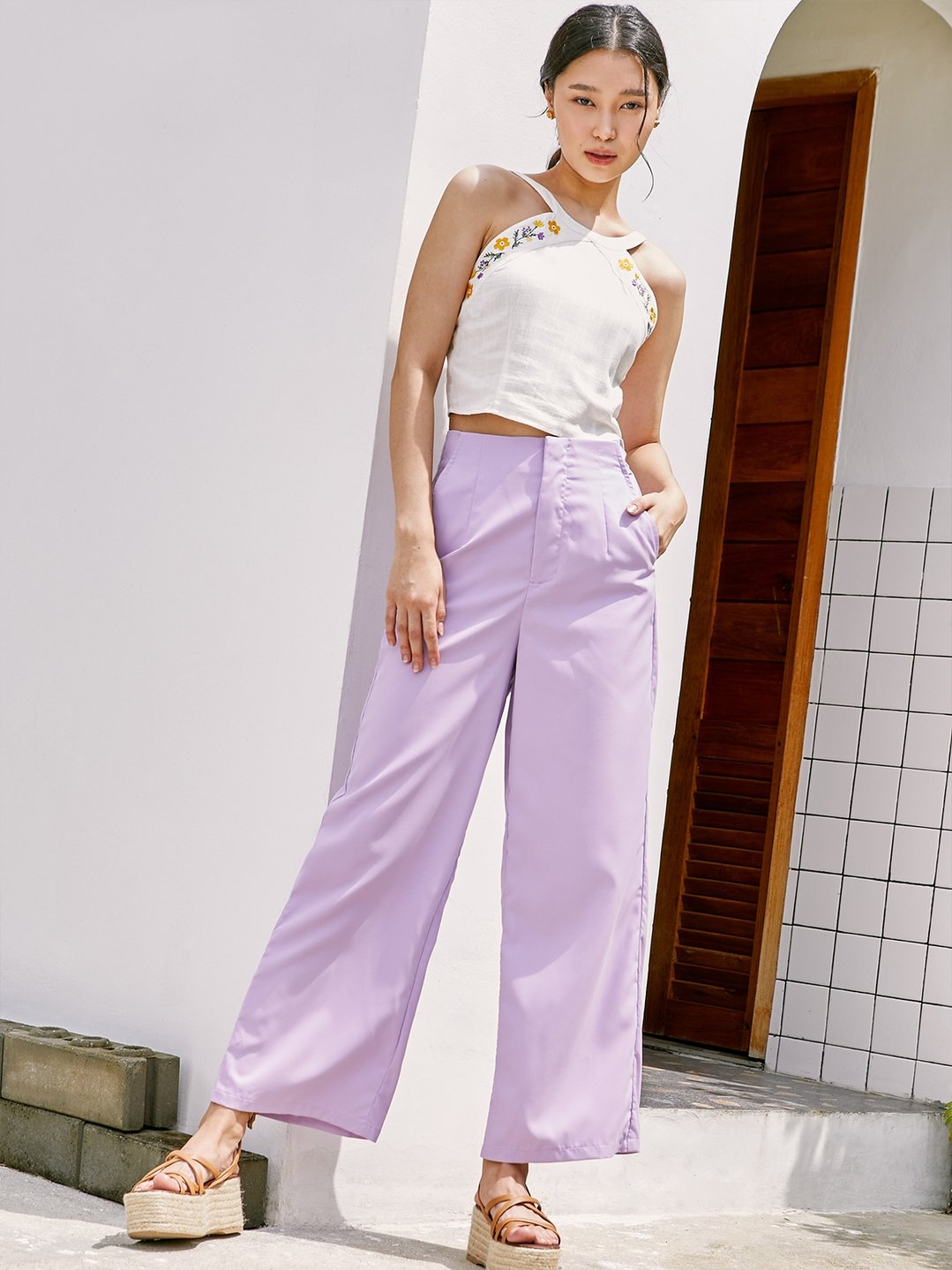 Wide Leg Pants - Lilac - Pomelo Fashion