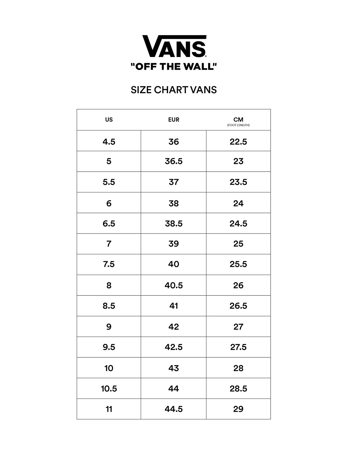 Vans size outlet chart australia
