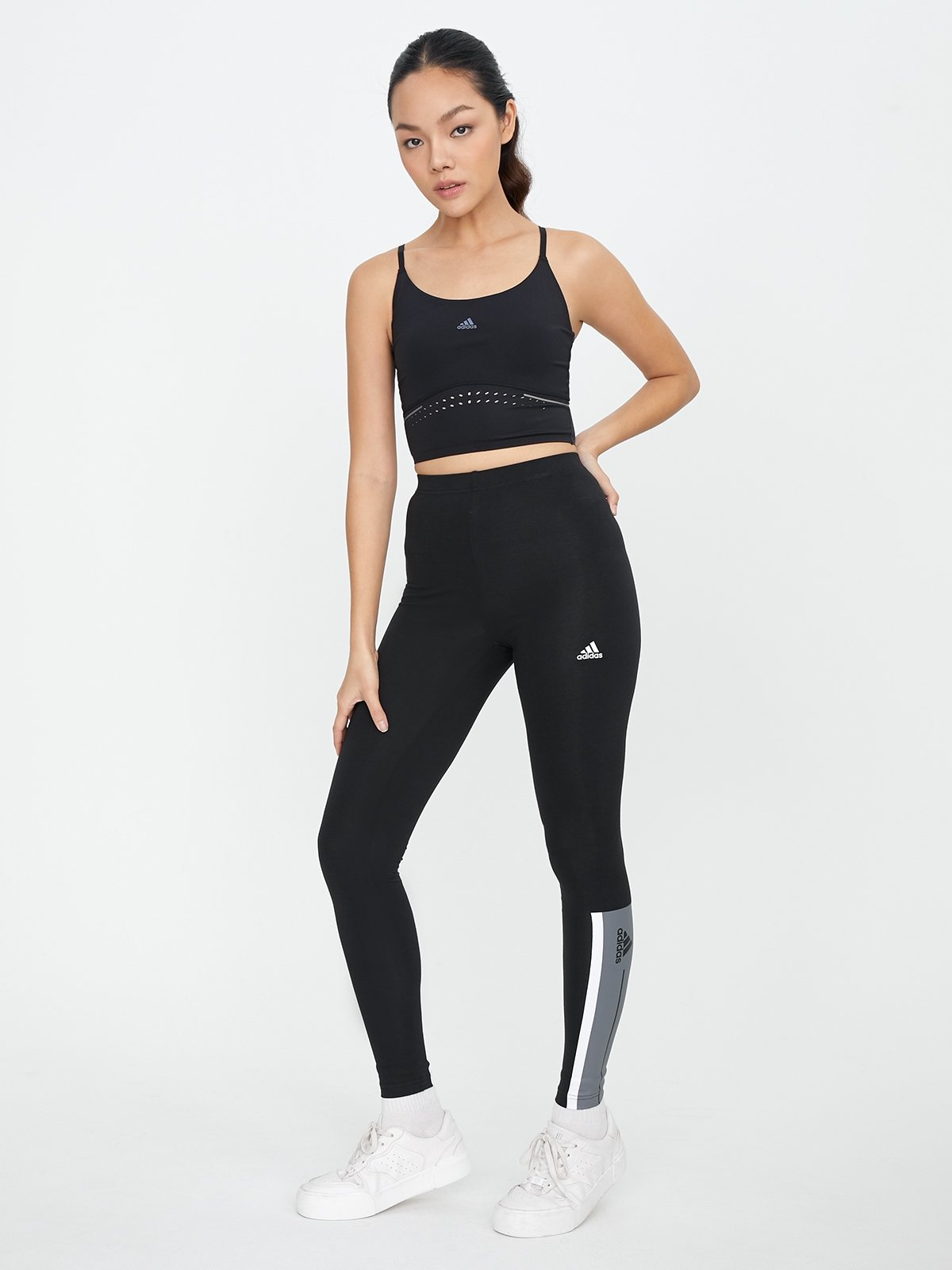Essentials Pinstripe Block Leggings Black Grey Four White