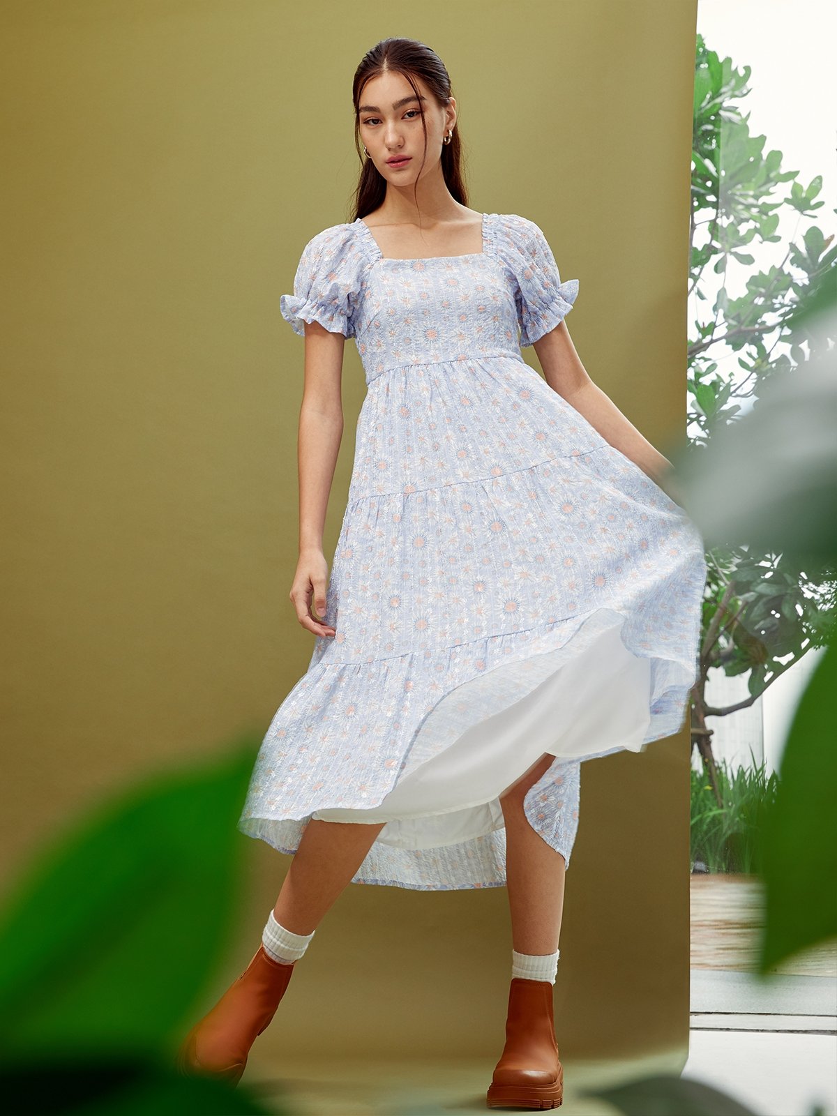 Puffed Sleeve Smock Dress Blue