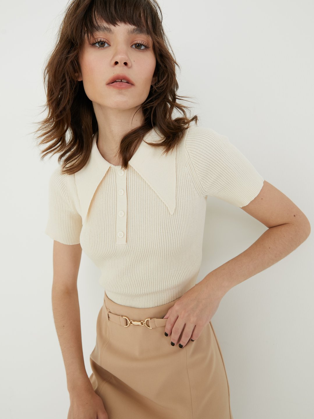 Knit Top with Collar - Beige - Ladies