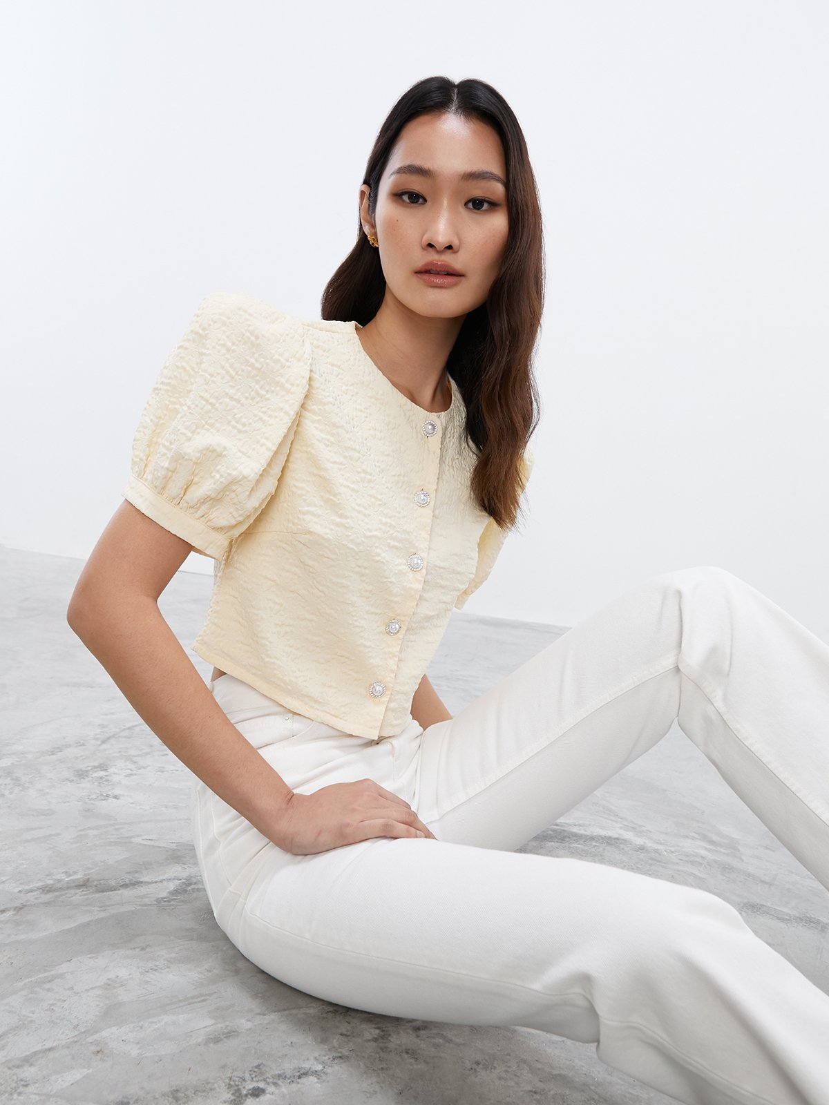 Puffed Sleeves Front Buttons Blouses Yellow Pomelo Fashion