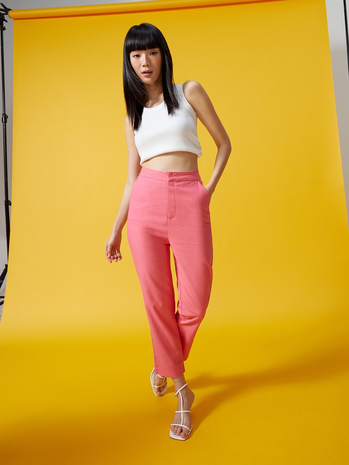High Waist Cropped Slim Pants Pink Pomelo Fashion