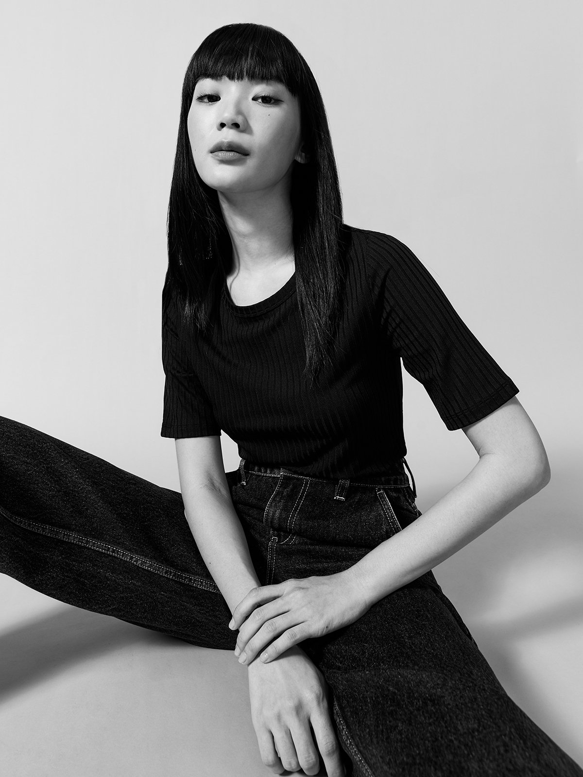 Rib-Knit Short Sleeve Top - Black - Pomelo Fashion