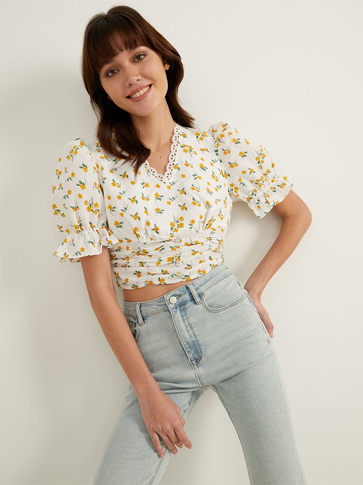 Floral Puffed Sleeve Top Yellow Pomelo Fashion
