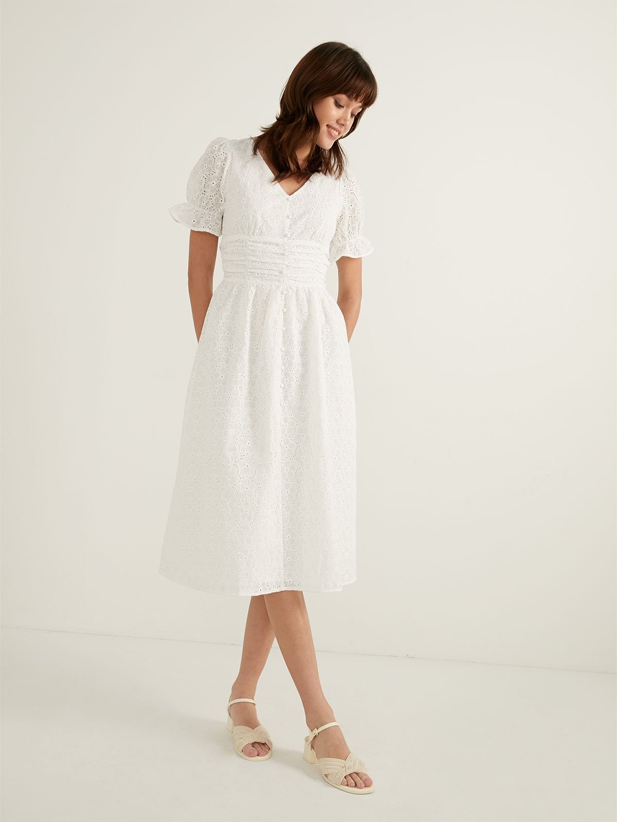 Floral Laced Midi Dress White