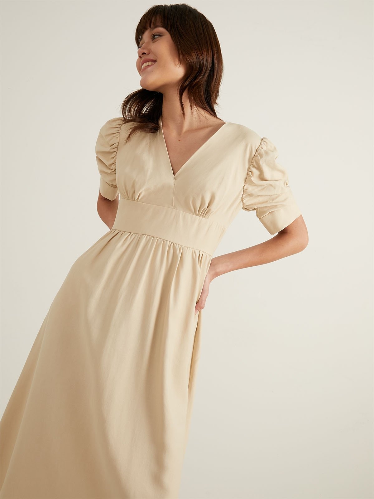 Beige dress cheap with sleeves