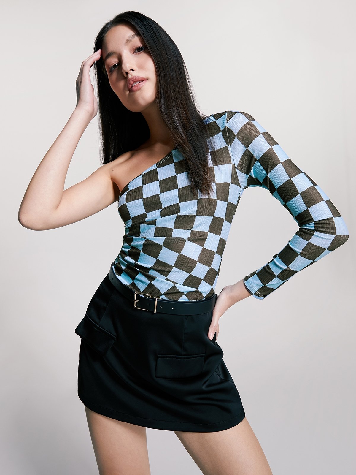 Checkered One Shoulder Long Sleeve Top Brown Pomelo Fashion