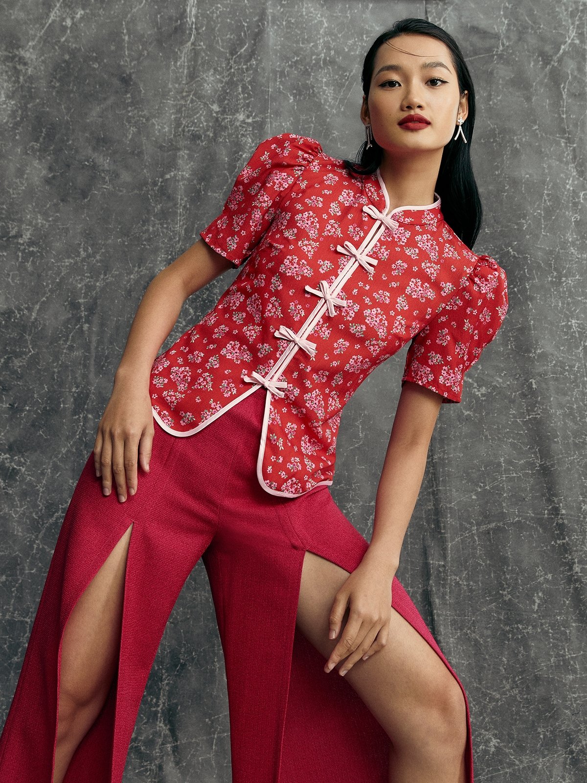 Floral Puffed Sleeve Blouse Red Pomelo Fashion floral-puffed-sleeve-blouse-red-pomelo-fashion