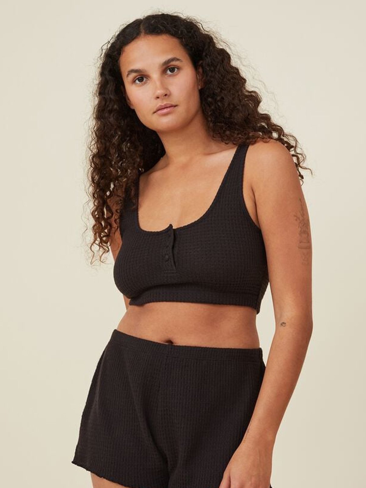 Body Sleepwear Waffle Henley Crop Sleep Tank Black Pomelo Fashion