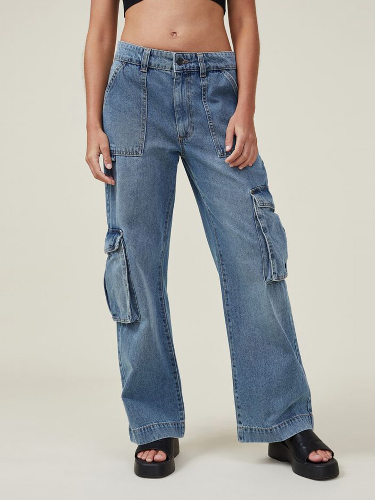 Low Rise Cargo Denim Jeans Stormy Blue Pomelo Fashion