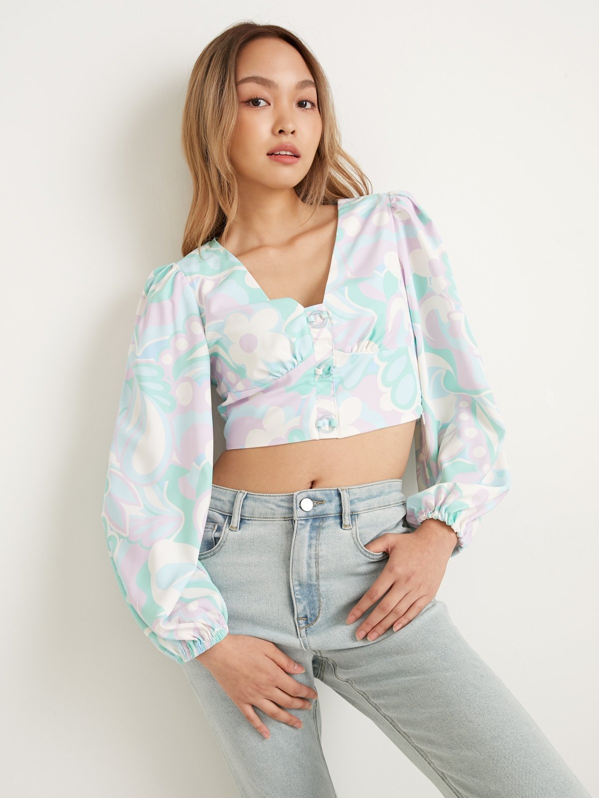 Long Sleeve Floral Print Blouse - Multi Color - Pomelo Fashion