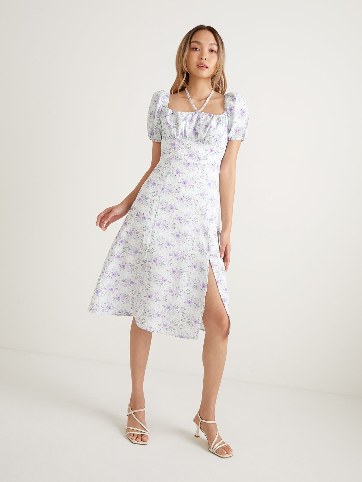 Square Neck Floral Midi Dress Purple Pomelo Fashion