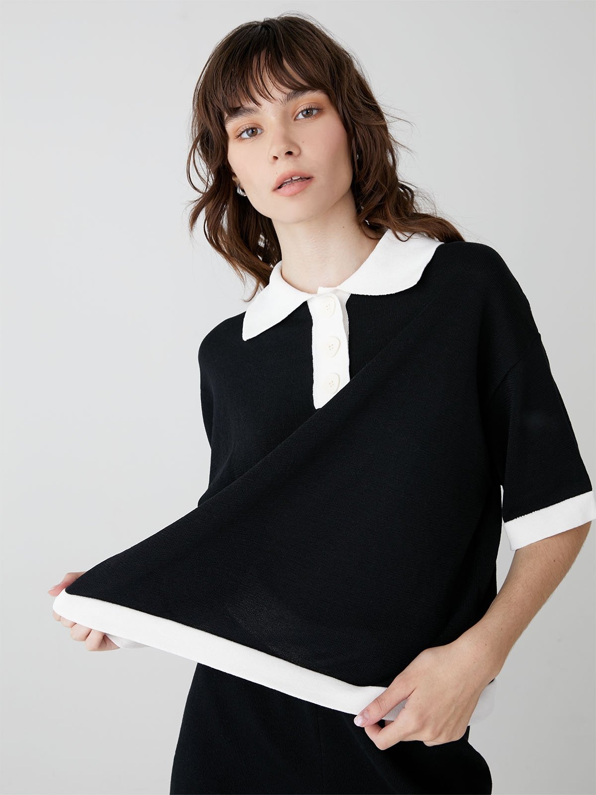 Contrast Trim Oversized Knit Top - Black - Pomelo Fashion