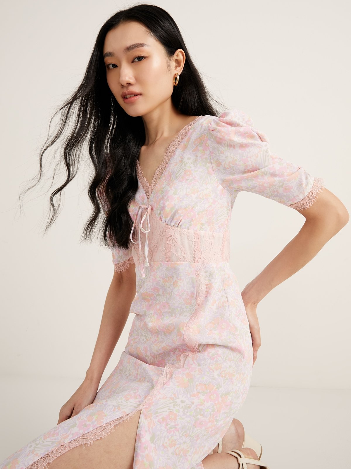 Floral Laced Midi Dress Pink Pomelo Fashion