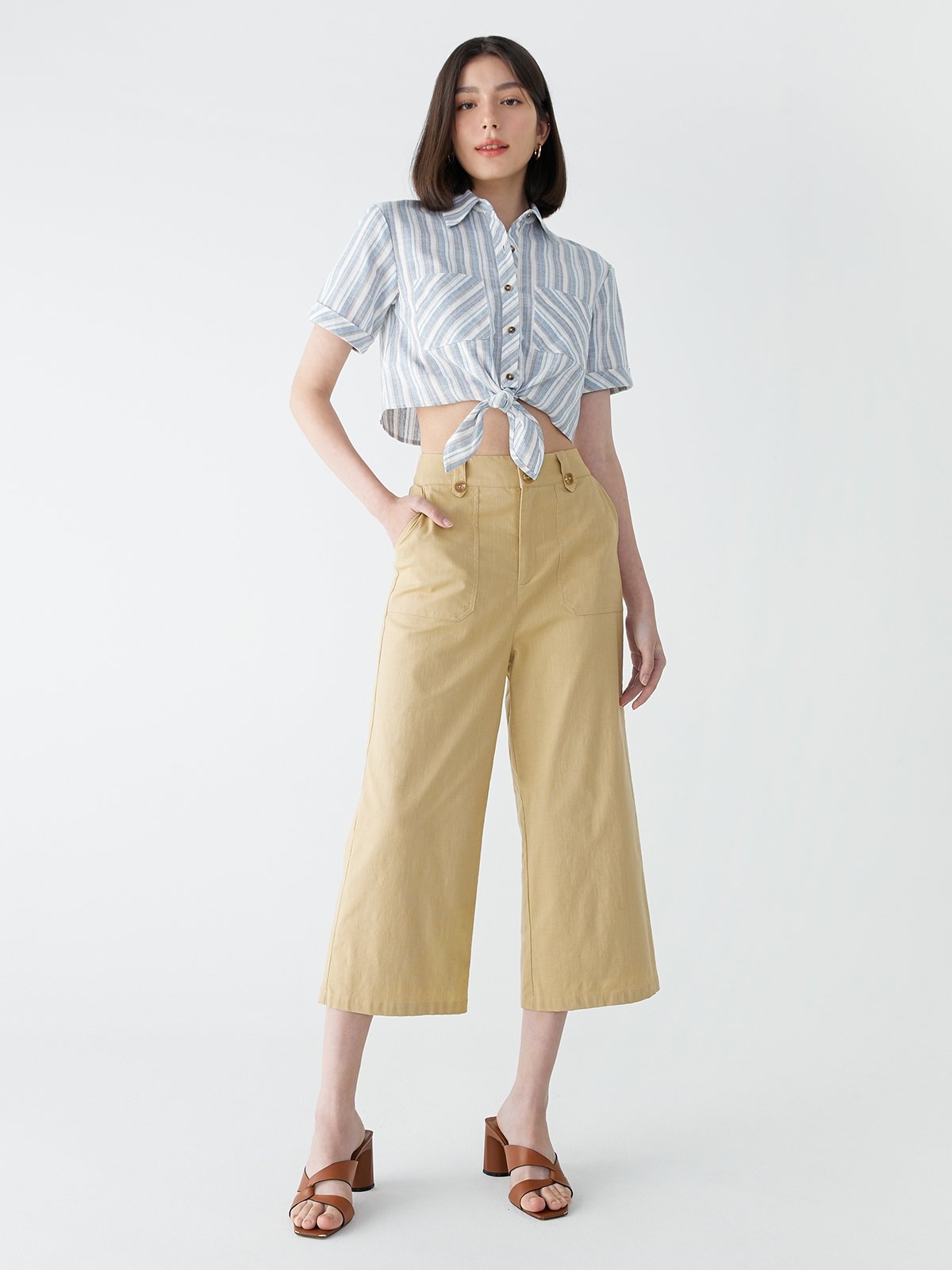 Front Pocket Detailed High Waist Pants Caramel Pomelo Fashion