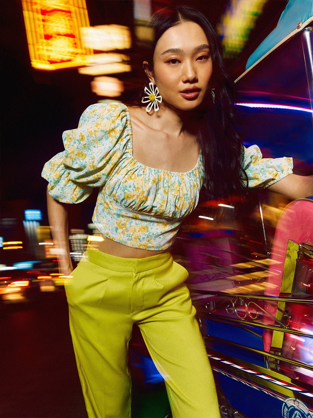 Floral Tie Back Blouse Yellow Pomelo Fashion