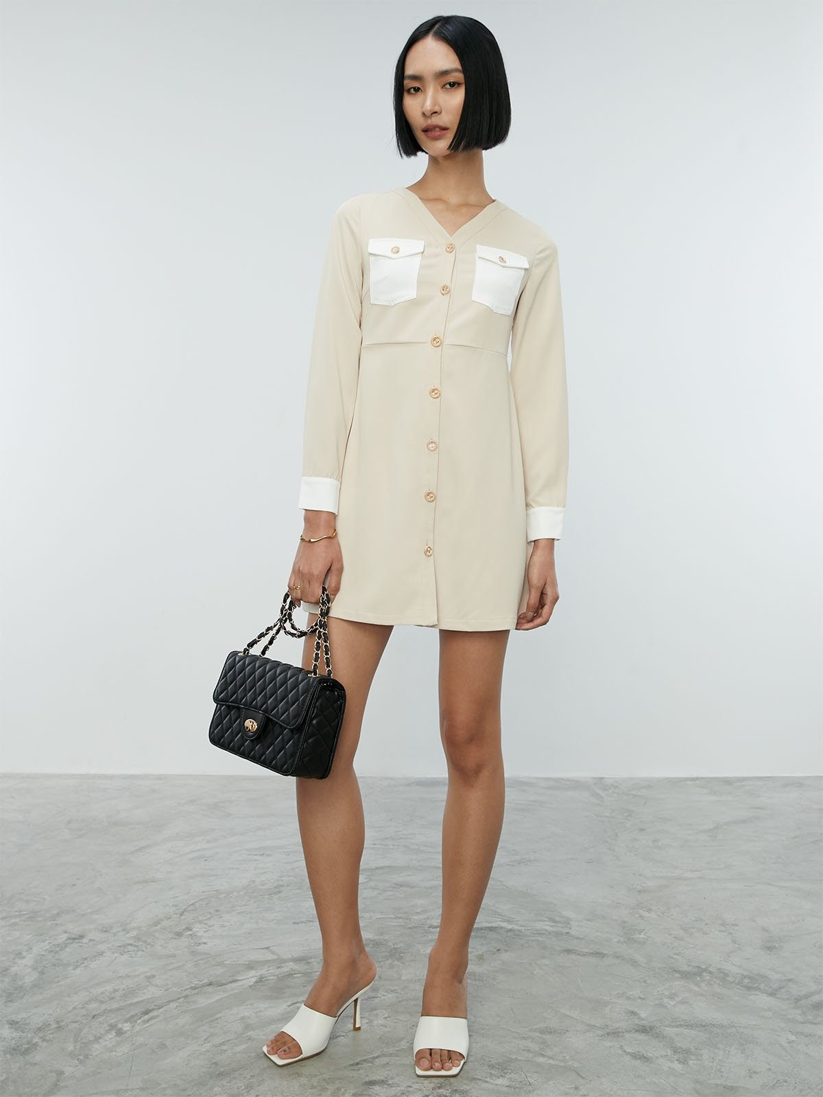 Two Tone Long Sleeve Dress Beige Pomelo Fashion