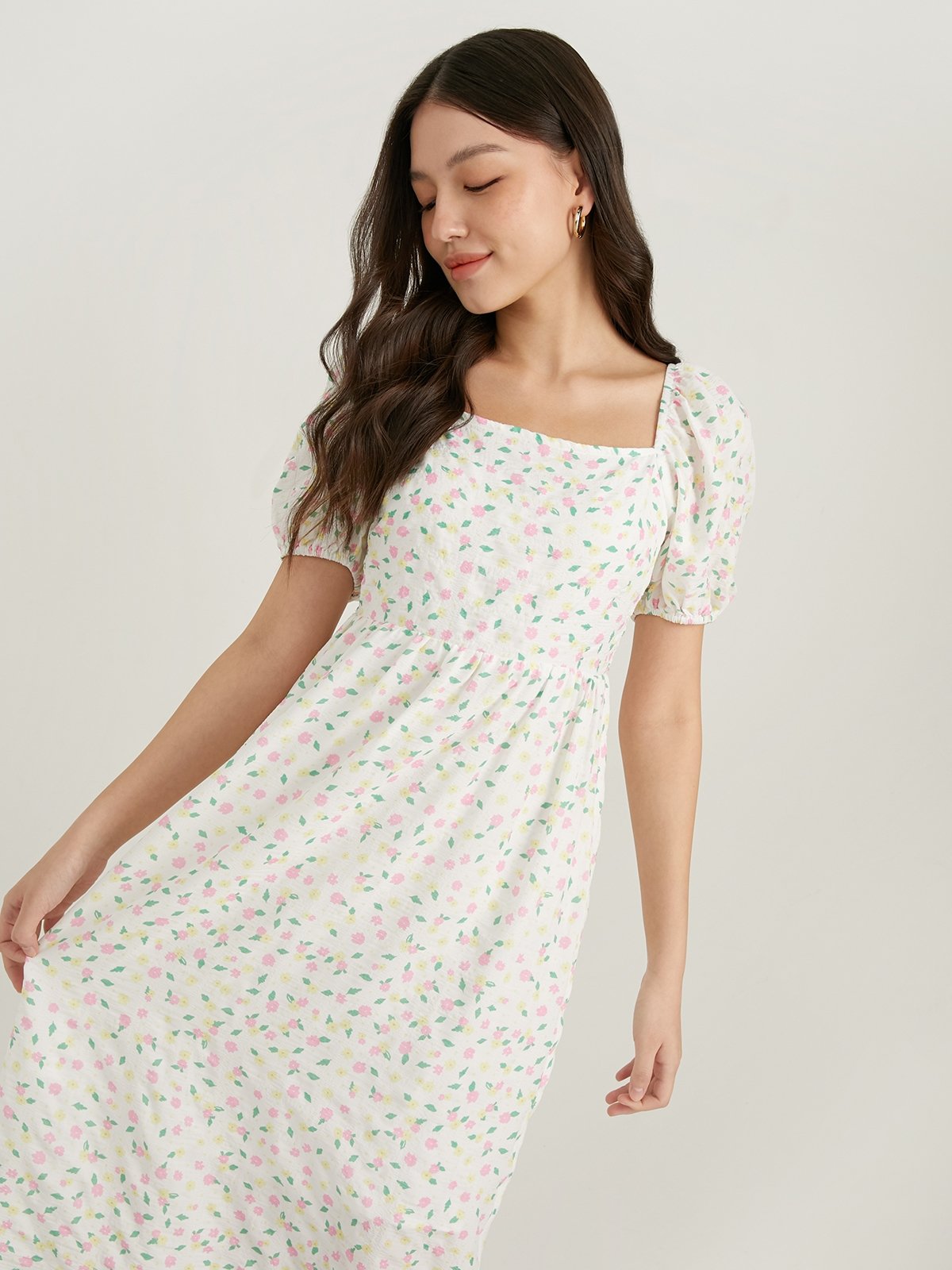 White floral plunge midi dress hot sale