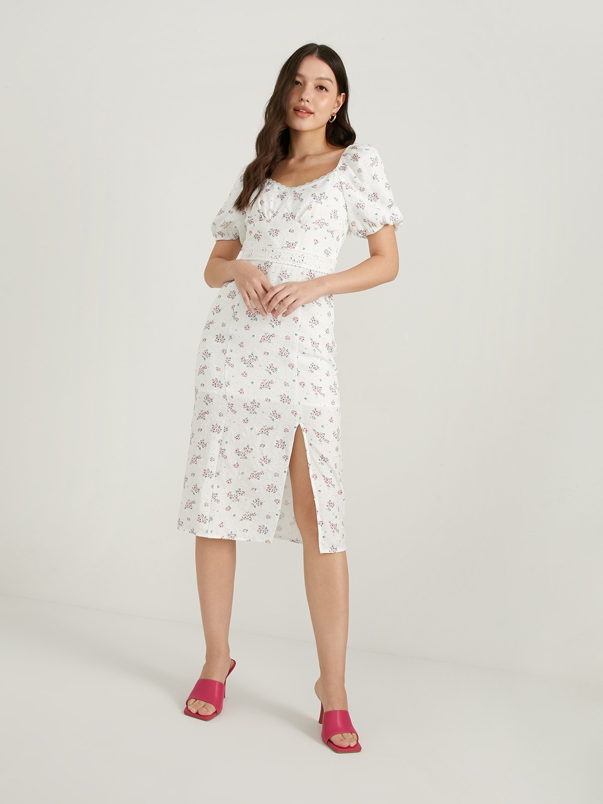 White floral clearance plunge midi dress