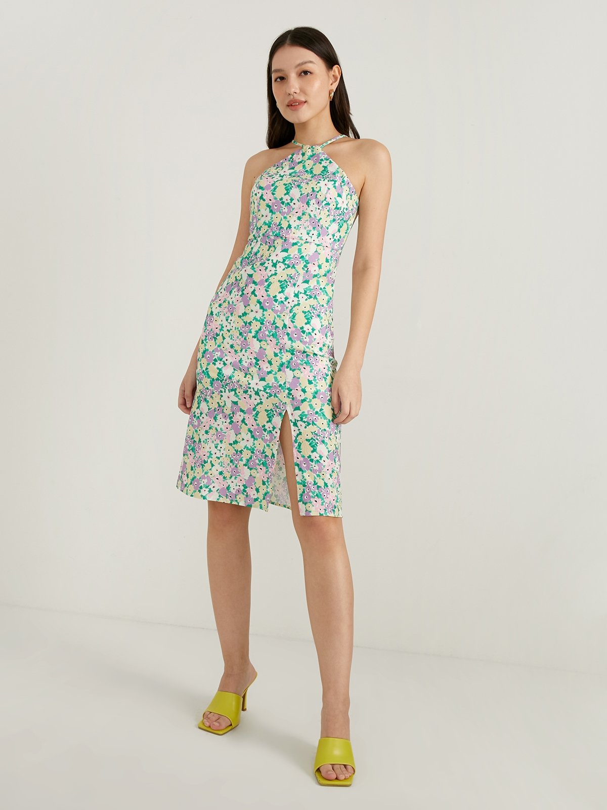 Halter Floral Midi Dress Multi Color Pomelo Fashion