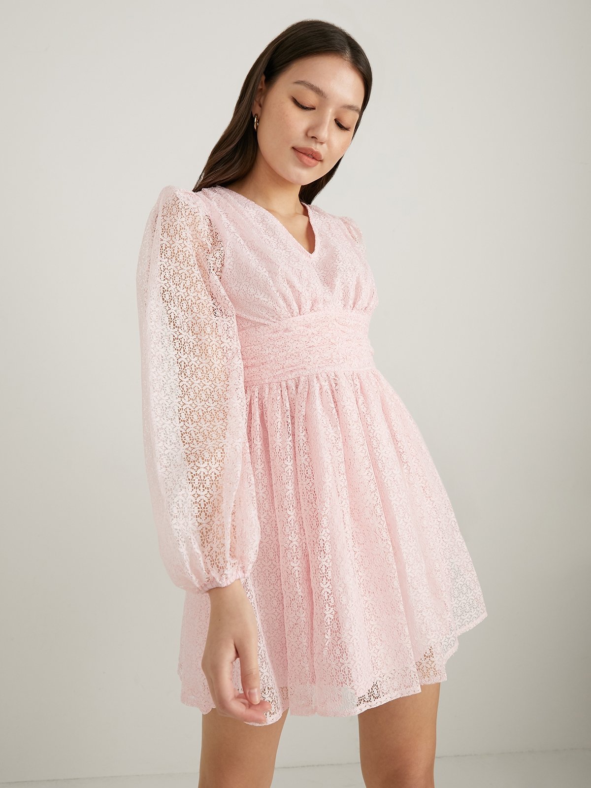 Pink lace dress with sale bell sleeves