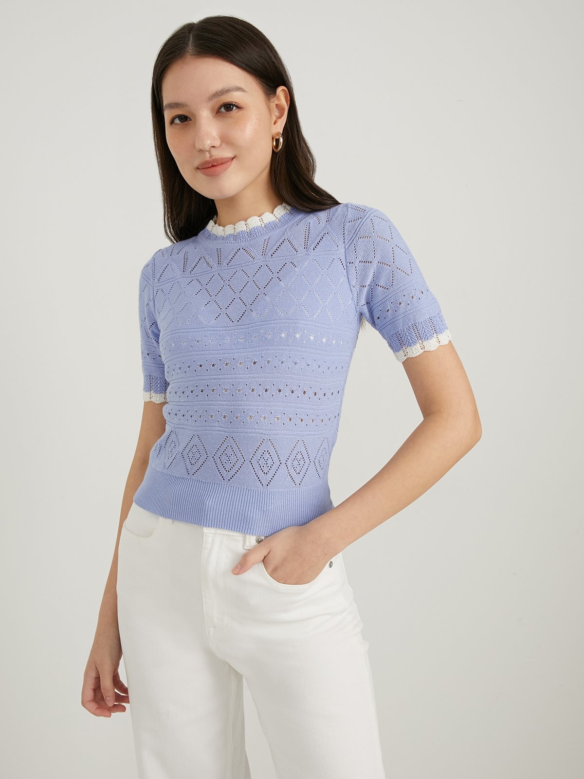 Eyelet Knit Top Blue Pomelo Fashion